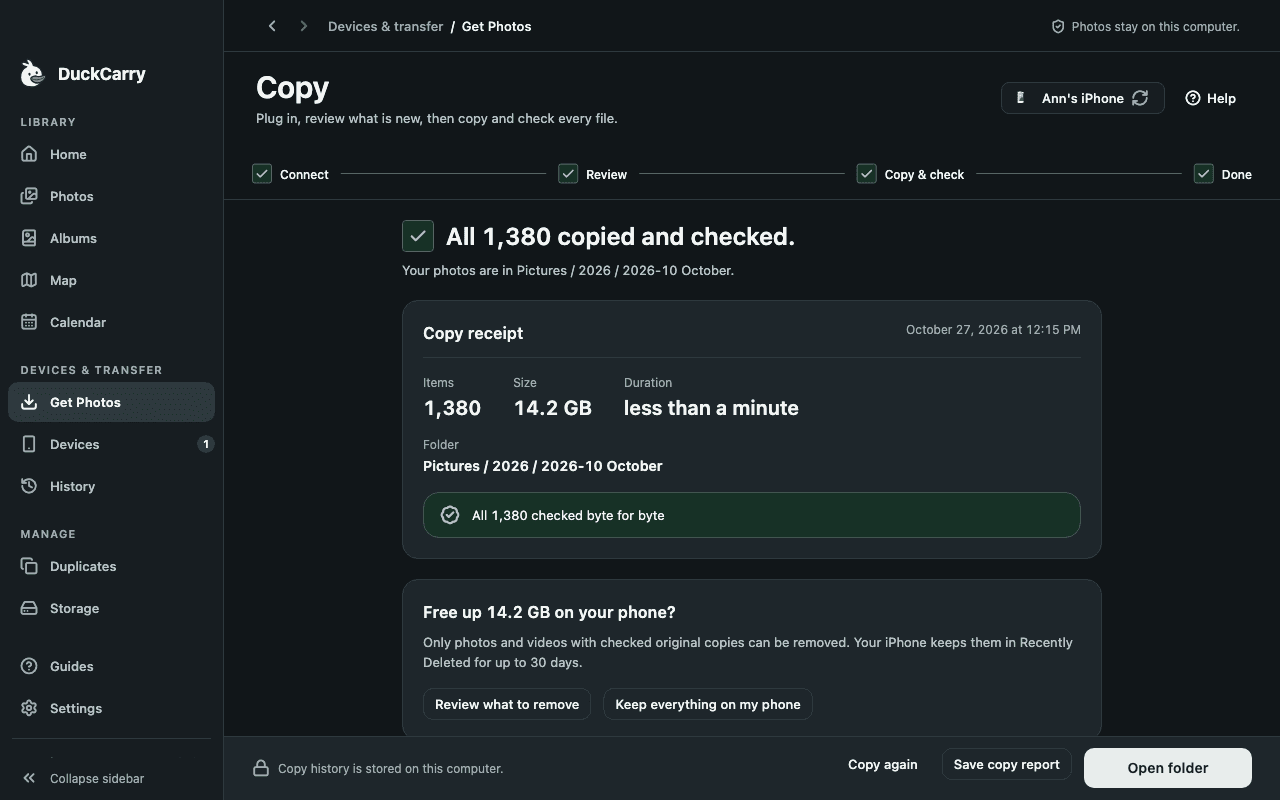 DuckCarry desktop app, Safely home screen